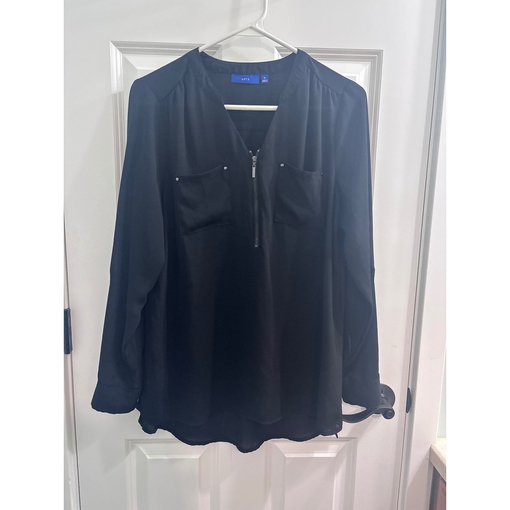 Apt. 9 Womens Black V-Neck Half Zip Long Sleeve Blouse Top Medium Pockets